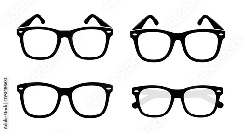Set of Four Black Eyeglasses, Hipster Style, Various Designs