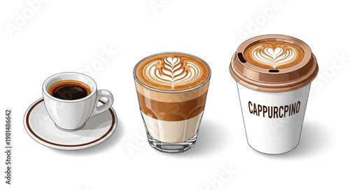 Three coffee drinks including espresso cappuccino and takeaway cup.