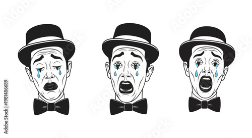 Three Crying Clowns with Hats and Bow Ties, Expressing Sadness and Despair
