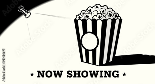 Spotlight on Popcorn Bucket with "Now Showing" Text - Cinema Entertainment Concept