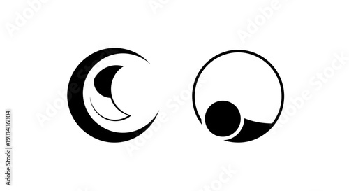 Abstract Symbol: Crescent Moon and Circle with Orb, Minimalist Design