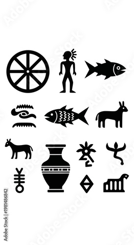 Ancient Symbols and Icons: Wheel, Fish, Human Figure, Pot, Animals, Abstract Shapes