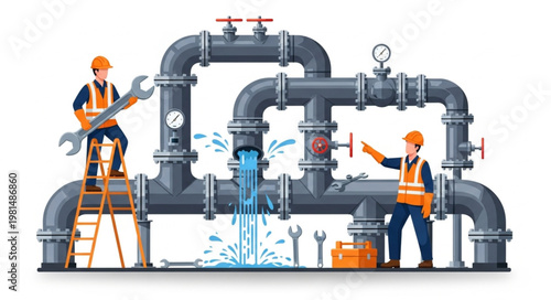 Plumbers Fixing Leaking Industrial Pipes with Tools.