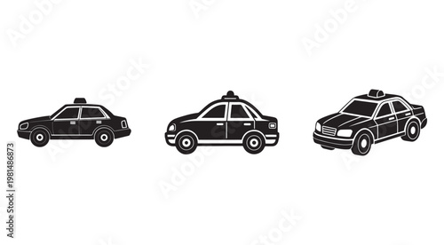 Blacktaxicabsilhouettesindifferentstylesandangles  varioustaxicarmodelsanddesignsinblackcoloronwhitebackground