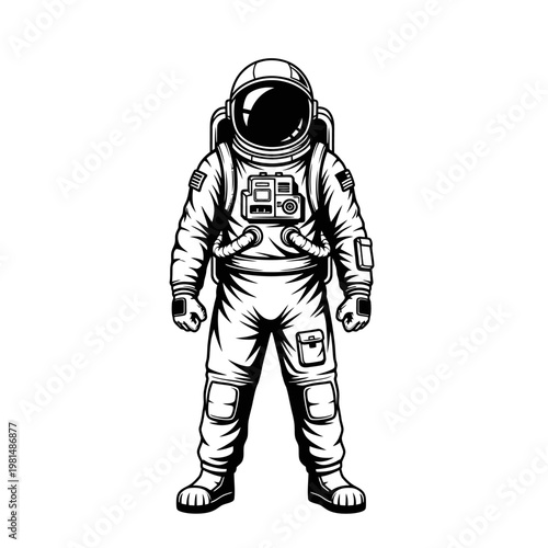 Astronaut standing, space suit, helmet, zero gravity, science fiction, exploration, monochrome vector illustration