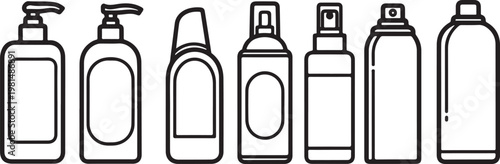 A series of seven empty travel water bottles lined up side by side Vector