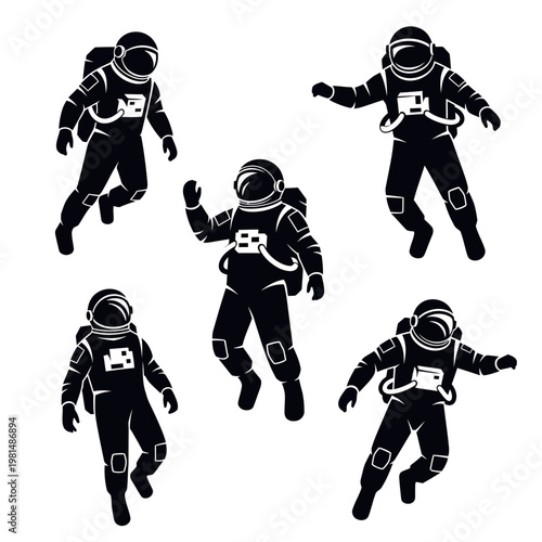 Astronauts Floating in Space: Set of Five Silhouettes in Zero Gravity