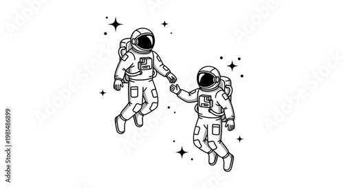 Astronauts floating in space, reaching out to each other, stars background
