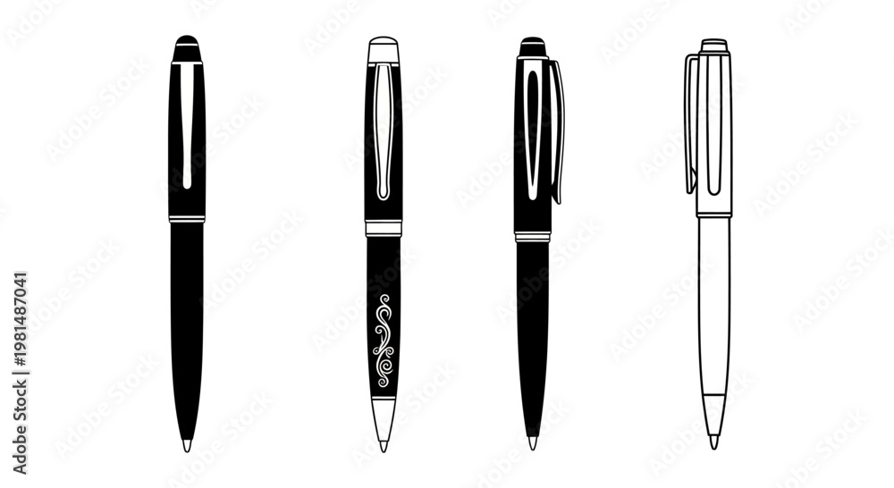 Fototapeta premium Collection of Four Black and White Pens on a White Background