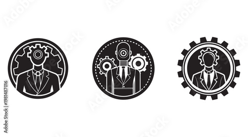 Business people with gear heads in circles  technology and innovation concepts  industry and automation ideas