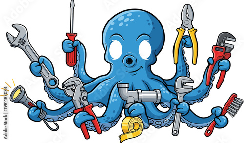 Multi tasking octopus plumber mascot holding various hand tools