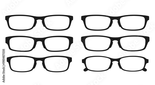 Collection of Six Black Eyeglasses Frames on White Background, Various Styles