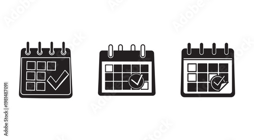 Calendar icons with checkmarks and ticks for planning and organization purposes on a computer or digital device screen  various calendar views and date selections