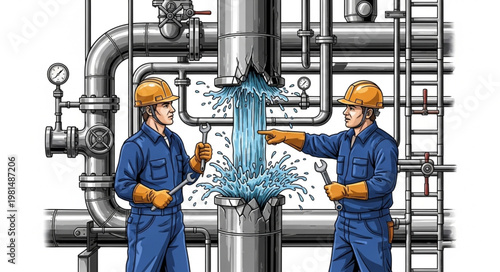 Two construction workers in hard hats and blue overalls working on industrial pipes with water flowing.