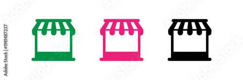 Collection of retail shop icons with striped awnings in three flat colors