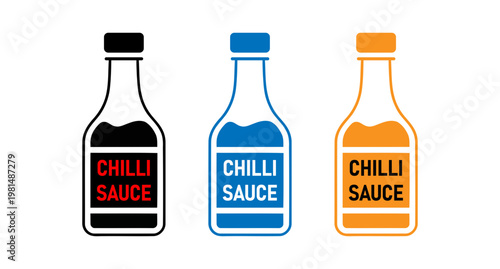 Chilli sauce bottle icons in varied colors for food and culinary branding