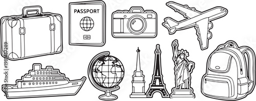 Essential travel items laid out for a journey abroad Vector