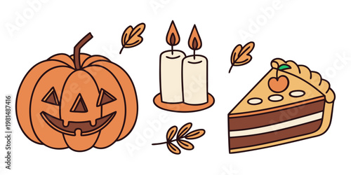 Autumnal still life featuring a pumpkin candles and a slice of cake