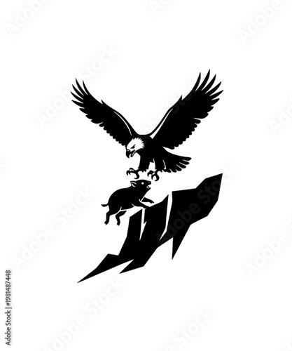 Stylized black and white illustration depicting a fierce eagle predator hunting a fleeing wild pig on a sharp rock.