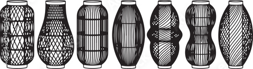 A collection of seven stylish woven handbags displayed in a row Vector