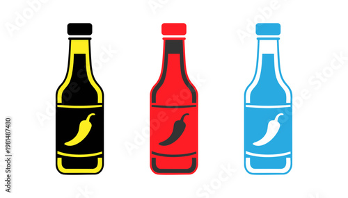 Collection of three hot sauce bottle icons with chili pepper graphic design