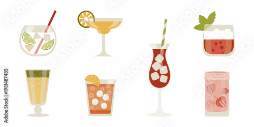 Collection of colorful summer cocktails and refreshing drinks in glasses