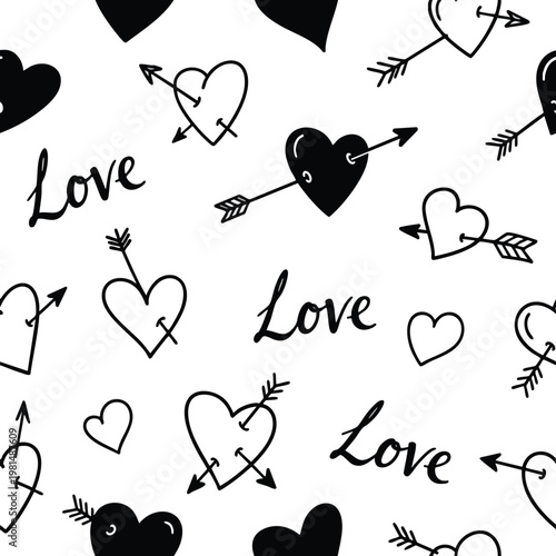 Black and White Heart Pattern with Love Symbols for Romantic and Wedding Designs