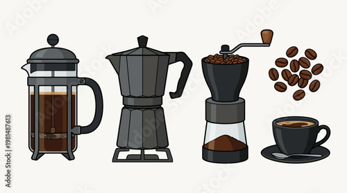 Coffee maker and coffee beans.