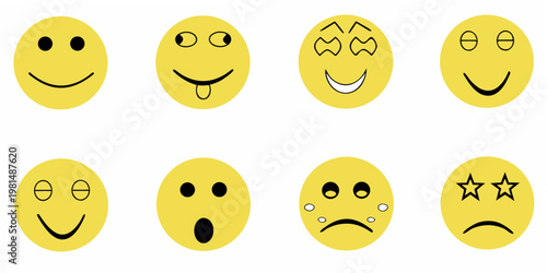 Collection of eight yellow oval faces displaying various simple expressions