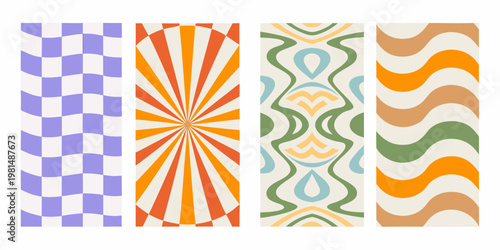 Four vibrant geometric patterns arranged vertically in a row