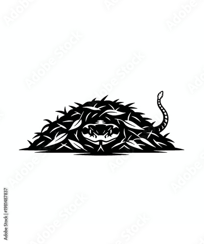 Stylized venomous serpent illustration, coiled and concealed within a spiky, thorny leaf pile, its tail raised.