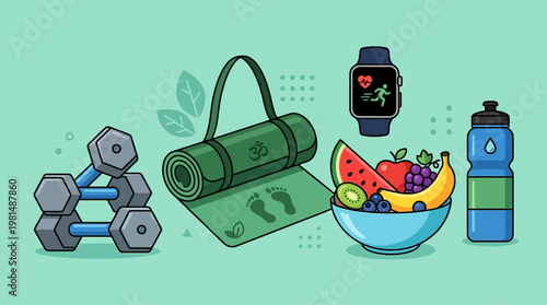 Healthy fitness and nutrition items.