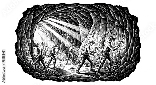 Explorers venturing into a dark cave with light beams.