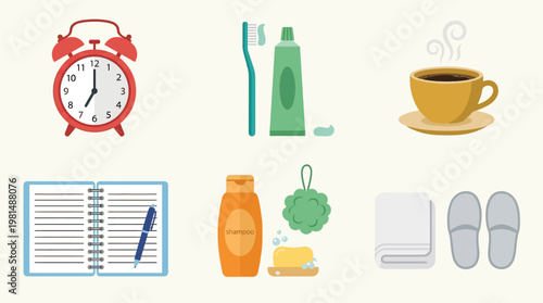 Morning routine objects on table.