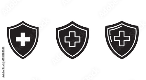 Medical shield icons with cross symbol for healthcare and protection  various styles and designs