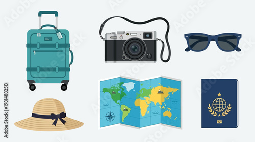 Travel accessories on a white background.