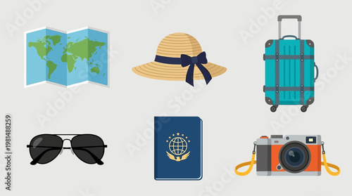Travel accessories on a table.