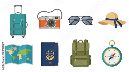 Travel accessories on white background.