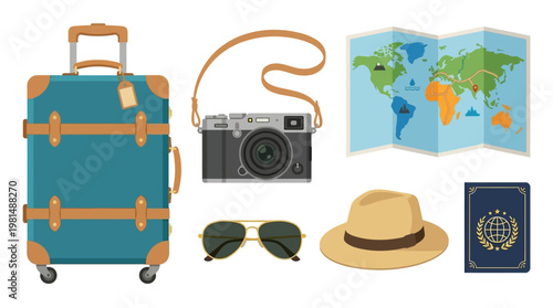 Travel accessories on white background.