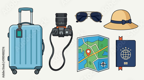 Travel essentials on a table.