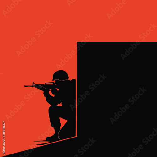 Silhouette of a Child Playing Hide and Seek with a Toy Rifle Against a Bright Red Background