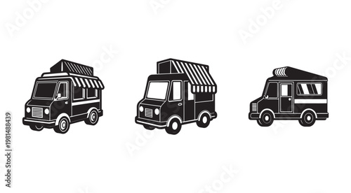 Set of black and white illustrations of food trucks with awnings from different angles for menu or advertisement design  various views of food trucks