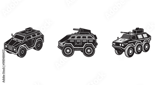 Set of black and white illustrations of military vehicles with guns on top for army and defense purposes  military vehicles  armored cars