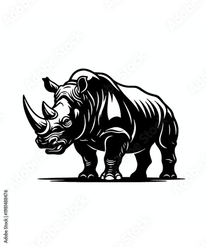 Bold black rhino graphic, capturing its formidable presence, distinctive horn, and powerful, muscular physique.