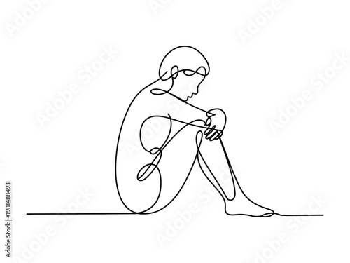 Sad woman sitting on the floor with her head in her hands in a simple line drawing style  one line art