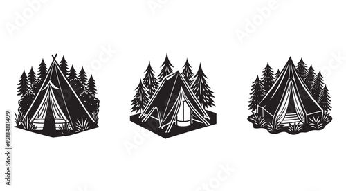 Set of black and white illustrations of tents in the forest for camping and outdoor adventure travel recreation and wilderness exploration
