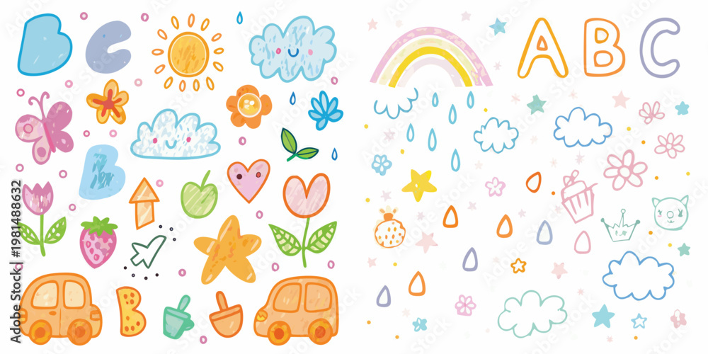 Fototapeta premium Colorful childlike drawing featuring letters clouds flowers and various objects