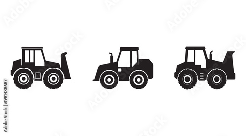 Set of black silhouettes of different tractors with wheels and cabins used for agriculture and construction isolated on white background