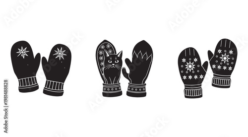 Set of black winter mittens with white snowflake patterns on white background