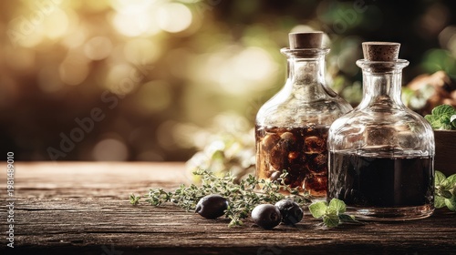 Two antique glass cruets filled with dark liquid and infused ingredients rest on a weathered wooden surface amidst fresh herbs.
